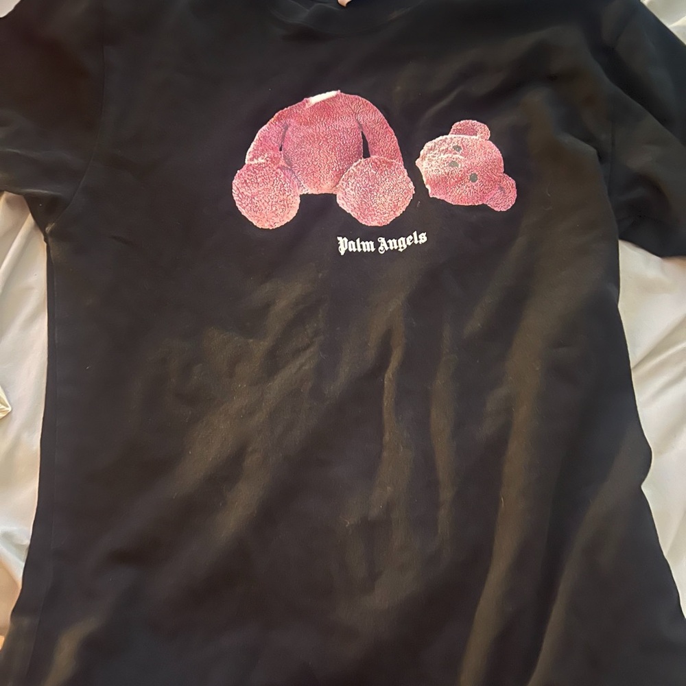 Palm Angels Black Tee with Pink Bear Design